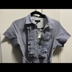 Ruffle-front midi dress in striped cotton poplin